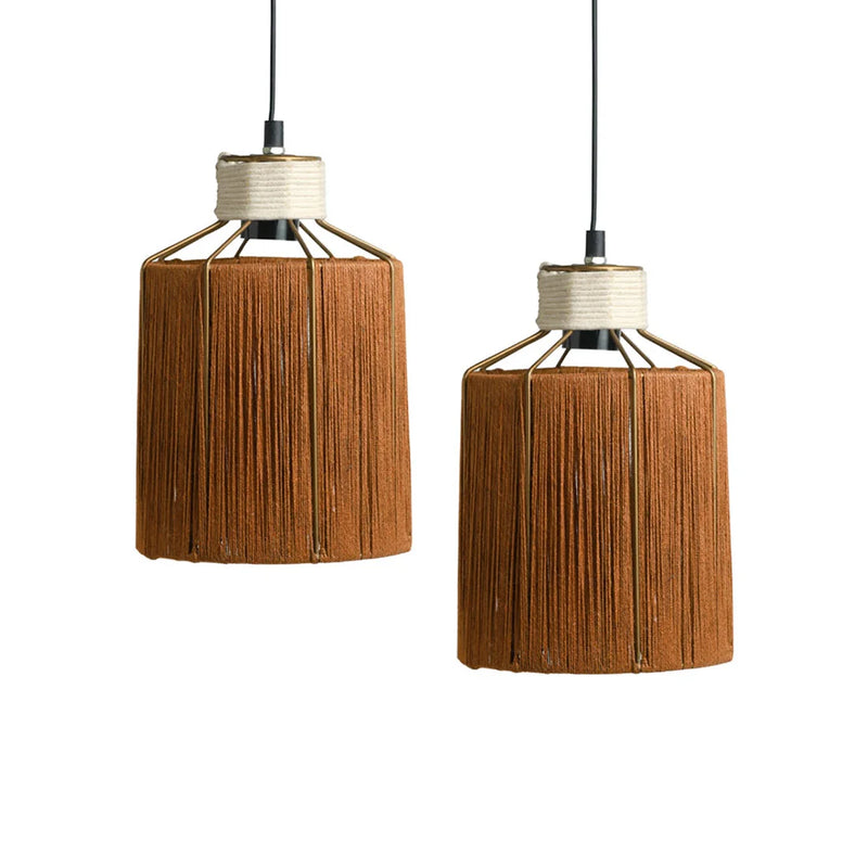 Jute Miracles Handwoven Cylindrical Hanging Pendant Lamp In Jute & Iron (Set of 2, 27.9 cm)