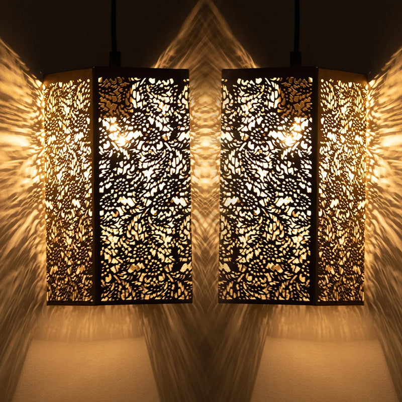 Monochrome Lights Hand-Etched Cuboidal Hanging Pendant Lamp In Iron (Set of 2, 27.9 cm)