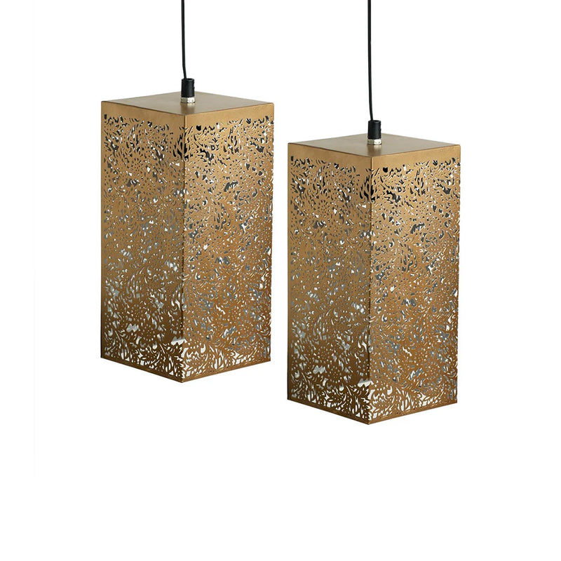 Monochrome Lights Hand-Etched Cuboidal Hanging Pendant Lamp In Iron (Set of 2, 27.9 cm)