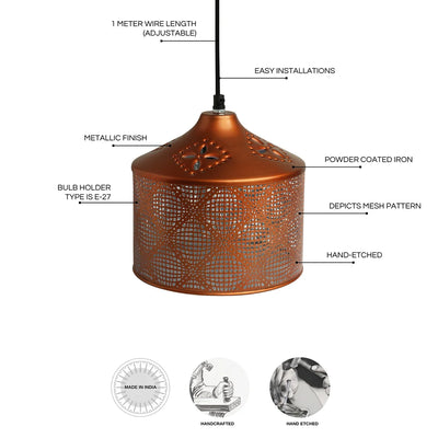 'Copper Mesh' Hand-Etched Hanging Pendant Lamp Shade (21.6 cm, Iron, Metallic Finish)