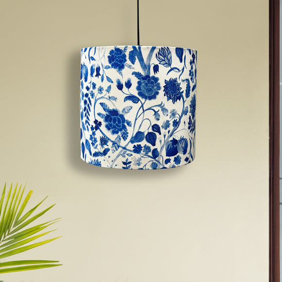  'Indigo Bloom' Cotton Cloth Hanging Pendant Lamp Shade (22.8 Cm, Without Bulb, Handcrafted)