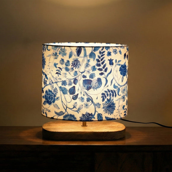  'Indigo Bloom' Decorative Table Lamp In Mango Wood(28 Cm, Without Bulb, Handcrafted)