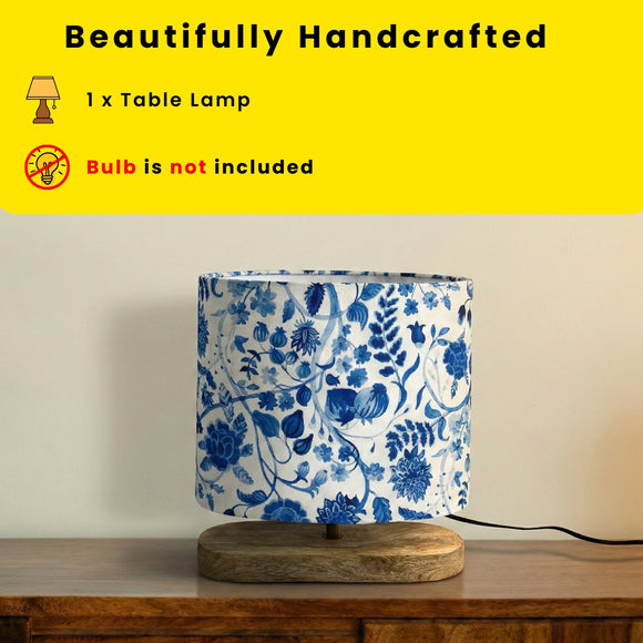 'Indigo Bloom' Decorative Table Lamp In Mango Wood(28 Cm, Without Bulb, Handcrafted)