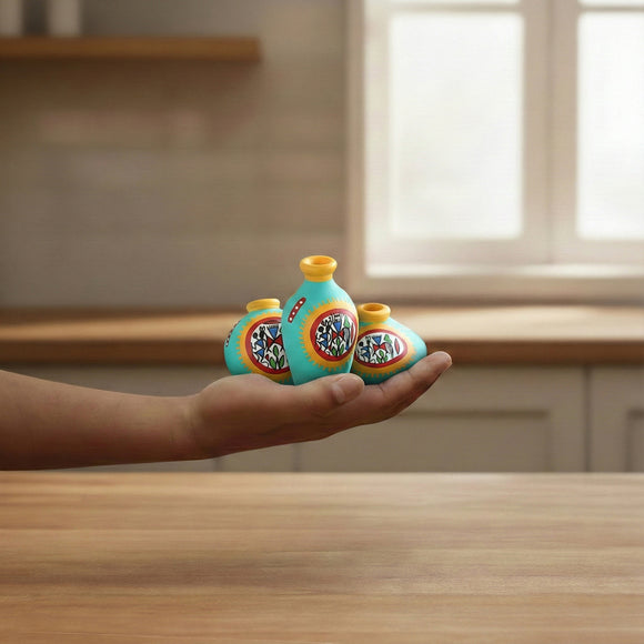  'Warli Grace' Terracotta Decorative Vases (Set of 3, Turquoise & Yellow, Hand-painted)