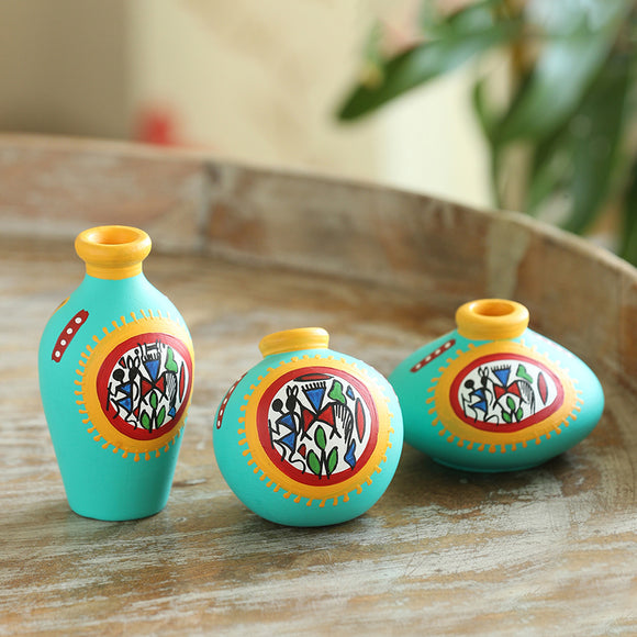  'Warli Grace' Terracotta Decorative Vases (Set of 3, Turquoise & Yellow, Hand-painted)