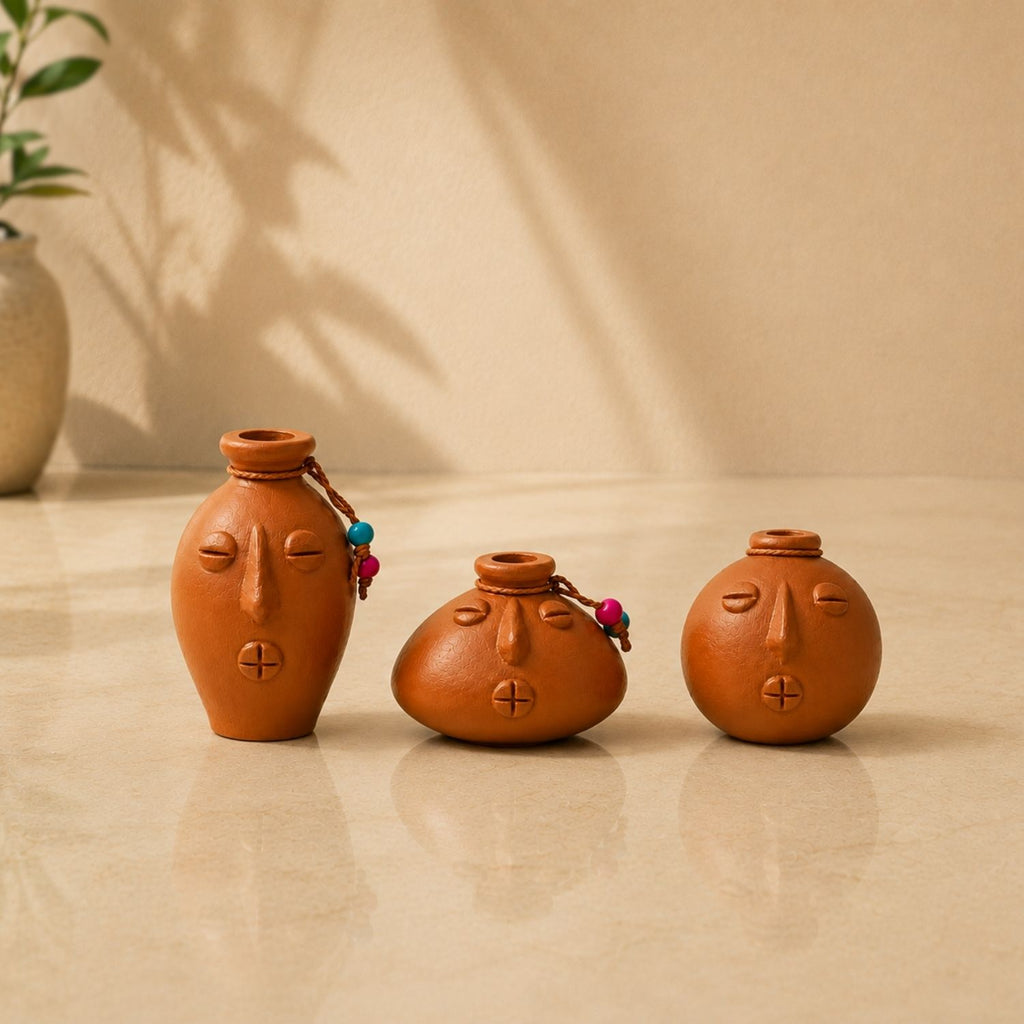 Earthen Persona Terracotta Decorative Miniature Pots Showpieces (Set Of 3, Handmade)