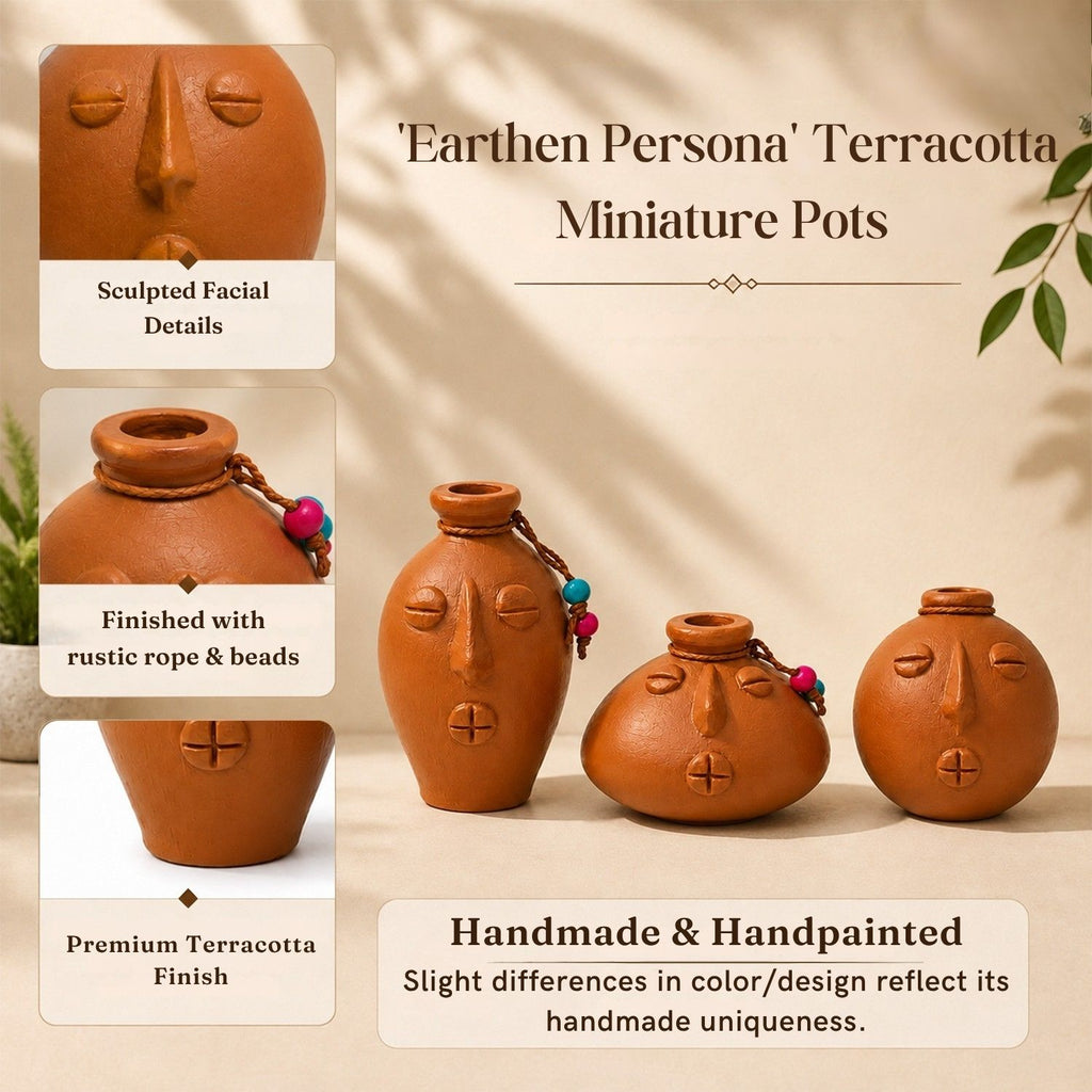 Earthen Persona Terracotta Decorative Miniature Pots Showpieces (Set Of 3, Handmade)