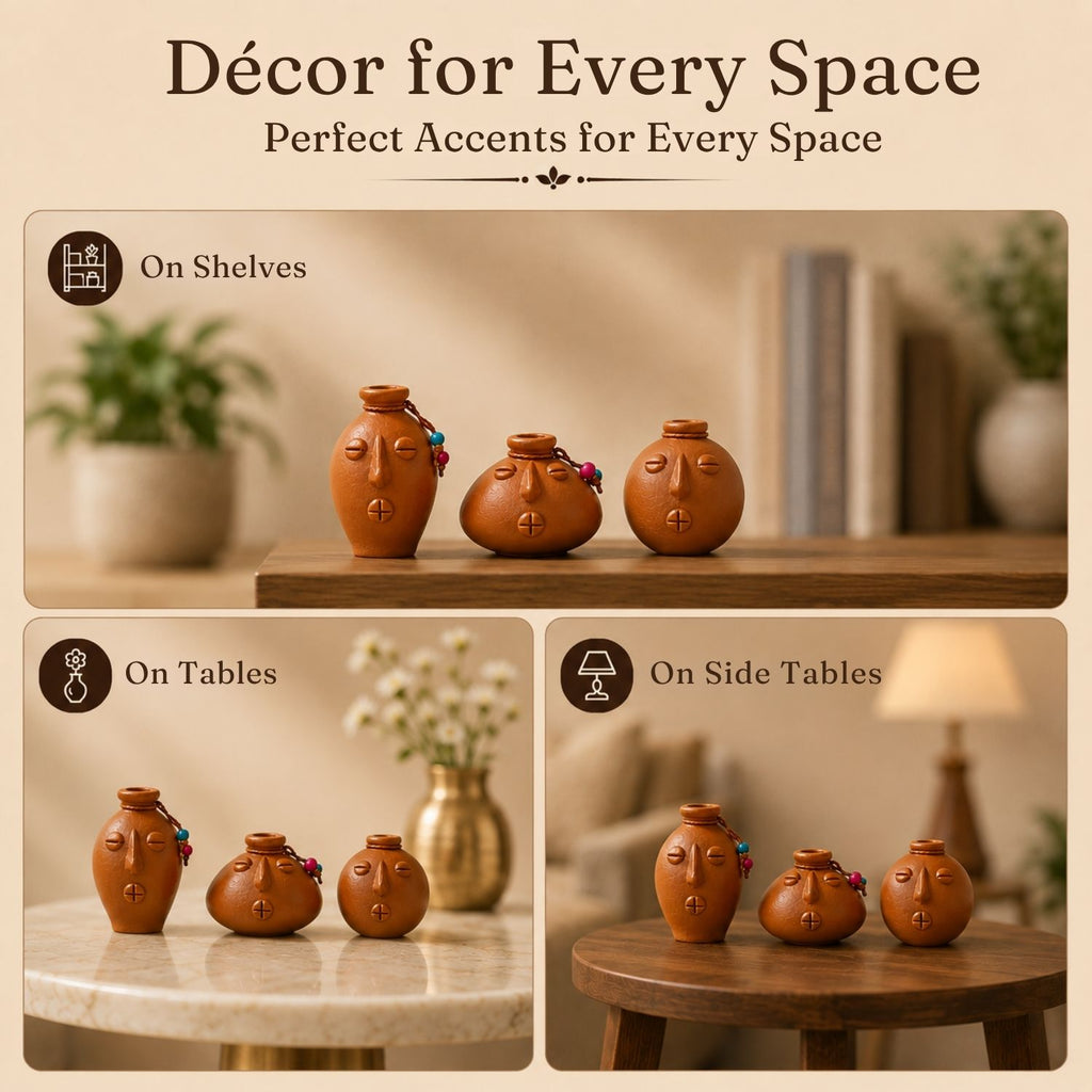 Earthen Persona Terracotta Decorative Miniature Pots Showpieces (Set Of 3, Handmade)