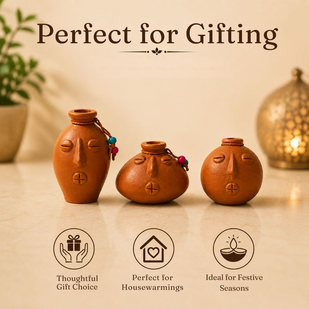 Earthen Persona Terracotta Decorative Miniature Pots Showpieces (Set Of 3, Handmade)