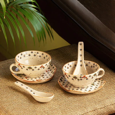 Daawat-e-Taj' Handcrafted Ceramic Handled Soup Bowls With Saucers & Spoons (Set of 2 | 220 ml | Microwave Safe)