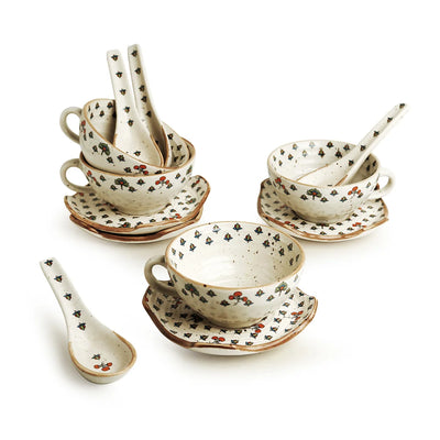 Daawat-e-Taj' Handcrafted Ceramic Handled Soup Bowls With Saucers & Spoons (Set of 4 | 220 ml | Microwave Safe)