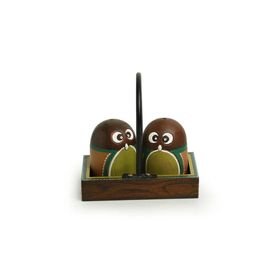 'The Owl Pair' Hand-Painted Terracotta Salt & Pepper Shaker Set With Tray