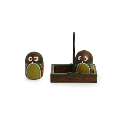 'The Owl Pair' Hand-Painted Terracotta Salt & Pepper Shaker Set With Tray