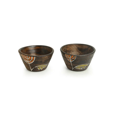 Shades of a Leaf' Hand-Painted Serving Bowls With Tray In Mango Wood (Set of 2 | 280 ML)
