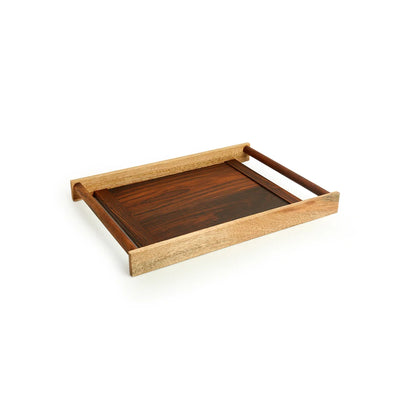 'Woodland Wonders' Handcrafted Serving Trays With Cylindrical Handles In Mango & Sheesham Wood (Set of 2)