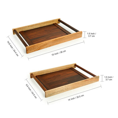 'Woodland Wonders' Handcrafted Serving Trays With Cylindrical Handles In Mango & Sheesham Wood (Set of 2)
