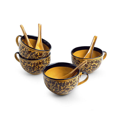 'Mughal Floral' Hand-painted Ceramic Soup Bowls With Spoons (Set Of 4, 380 ML, Microwave Safe)