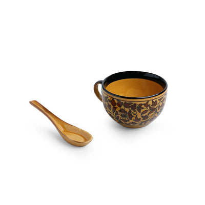 'Mughal Floral' Hand-painted Ceramic Soup Bowls With Spoons (Set Of 4, 380 ML, Microwave Safe)