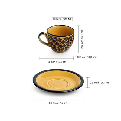 Mughal Floral' Hand-painted Ceramic Coffee & Tea Cups With Saucers (Set of 6 | 160 ML | Microwave Safe)