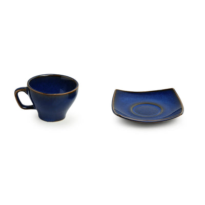 Sapphire Galaxy' Hand Glazed Tea Cups & Saucers In Ceramic (Set of 6 | 130 ML | Microwave Safe)
