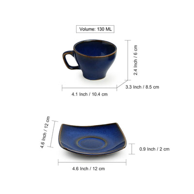 Sapphire Galaxy' Hand Glazed Tea Cups & Saucers In Ceramic (Set of 6 | 130 ML | Microwave Safe)