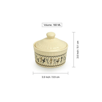 Whispers of Warli' Handcrafted Ceramic Chutney & Pickle Holders (Set of 2 | 160 ML | Microwave Safe)