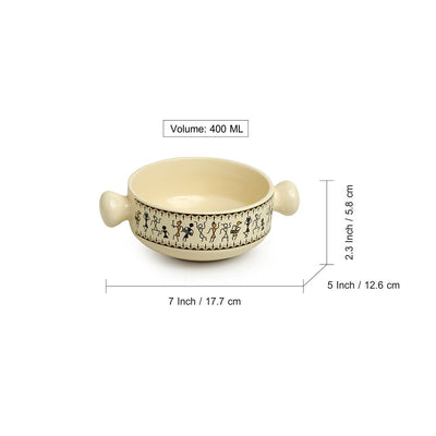 Whispers of Warli' Handcrafted Ceramic Serving Bowls (Set of 2 | 400 ML | Microwave Safe)