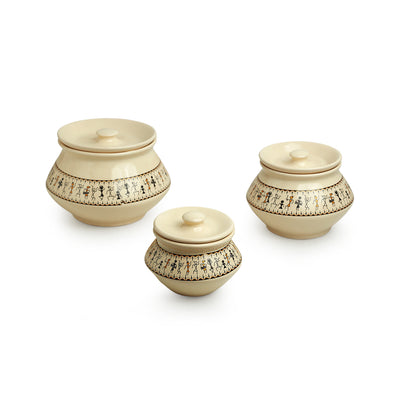 Whispers of Warli' Handcrafted Ceramic Serving Handis With Lids (Set of 3 | Microwave Safe)