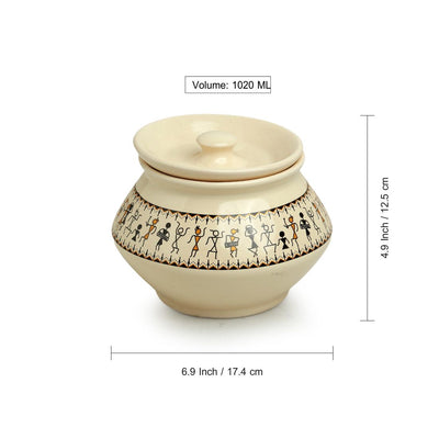 Whispers of Warli' Handcrafted Ceramic Serving Handis With Lids (Set of 3 | Microwave Safe)