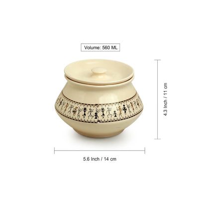 Whispers of Warli' Handcrafted Ceramic Serving Handis With Lids (Set of 3 | Microwave Safe)