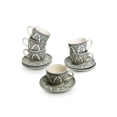 Arabian Nights' Hand-Painted Ceramic Tea Cups With Saucers (Set of 6 | 180 ML | Microwave Safe)