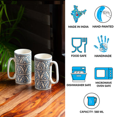 Arabian Nights' Hand-Painted Ceramic Beer & Milk Mugs (Set of 2 | 560 ML | Microwave Safe)