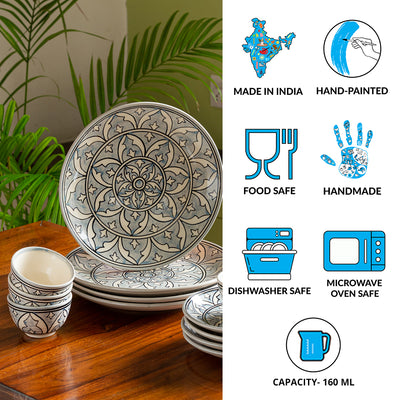 Arabian Nights' Hand-Painted Ceramic Dinner Plates | Side/Quarter Plates & Dinner Katoris (12 Pieces | Serving for 4 | Microwave Safe)