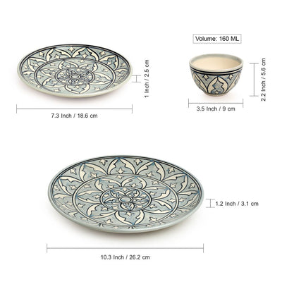 Arabian Nights' Hand-Painted Ceramic Dinner Plates | Side/Quarter Plates & Dinner Katoris (12 Pieces | Serving for 4 | Microwave Safe)