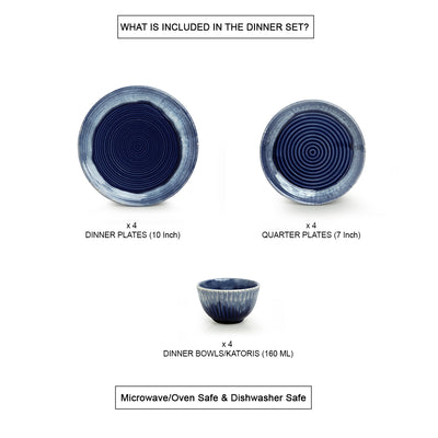 Sapphire Swirl' Hand Glazed Studio Pottery Dinner Plates | Side/Quarter Plates & Katoris In Ceramic (12 Pieces | Serving for 4 | Microwave Safe)