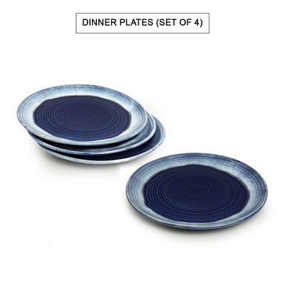 Sapphire Swirl' Hand Glazed Studio Pottery Dinner Plates | Serving Bowls & Katoris In Ceramic (10 Pieces | Serving for 4 | Microwave Safe)