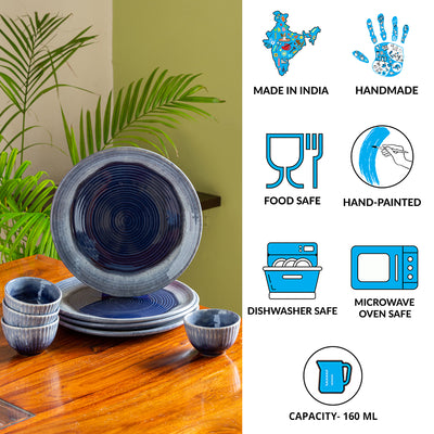 Sapphire Swirl' Hand Glazed Studio Pottery Dinner Plates With Katoris In Ceramic (8 Pieces | Serving for 4 | Microwave Safe)