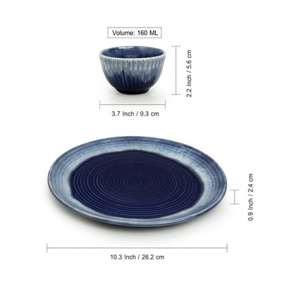 Sapphire Swirl' Hand Glazed Studio Pottery Dinner Plates With Katoris In Ceramic (8 Pieces | Serving for 4 | Microwave Safe)