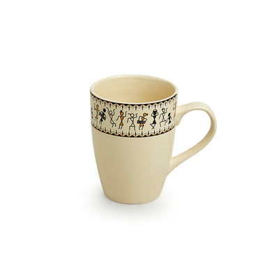Whispers of Warli' Handcrafted Ceramic Tea & Coffee Mug (300 ML | Microwave Safe)