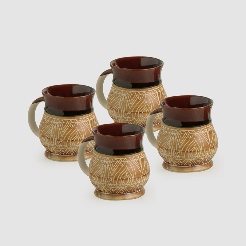 Cocoa Fire Carvings Ceramic Studio Pottery Tea Coffee Mugs (Set Of 4)