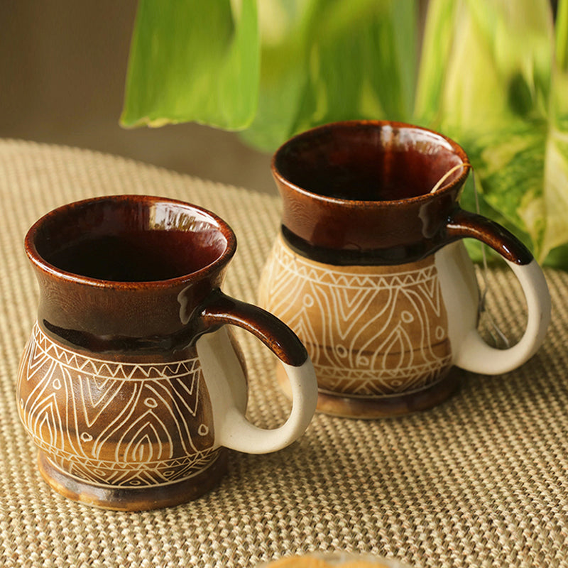 Cocoa Fire Carvings Ceramic Studio Pottery Tea Coffee Mugs (Set Of 4)