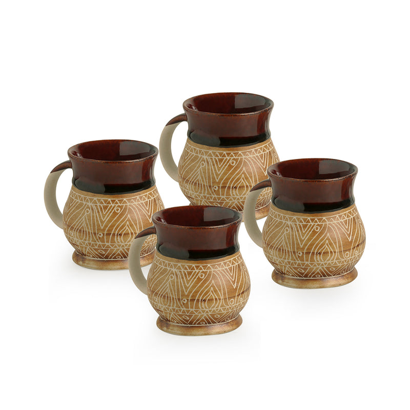 Cocoa Fire Carvings Ceramic Studio Pottery Tea Coffee Mugs (Set Of 4)