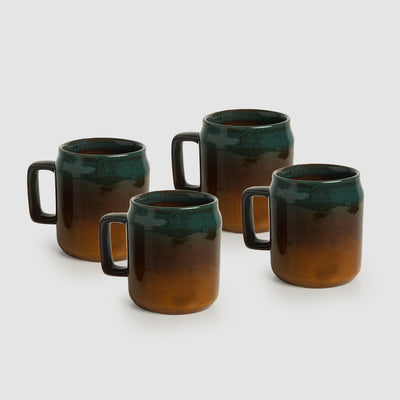 Brown Teal Green Printed Ceramic Studio Pottery Coffee And Tea Mugs (Set Of 4)