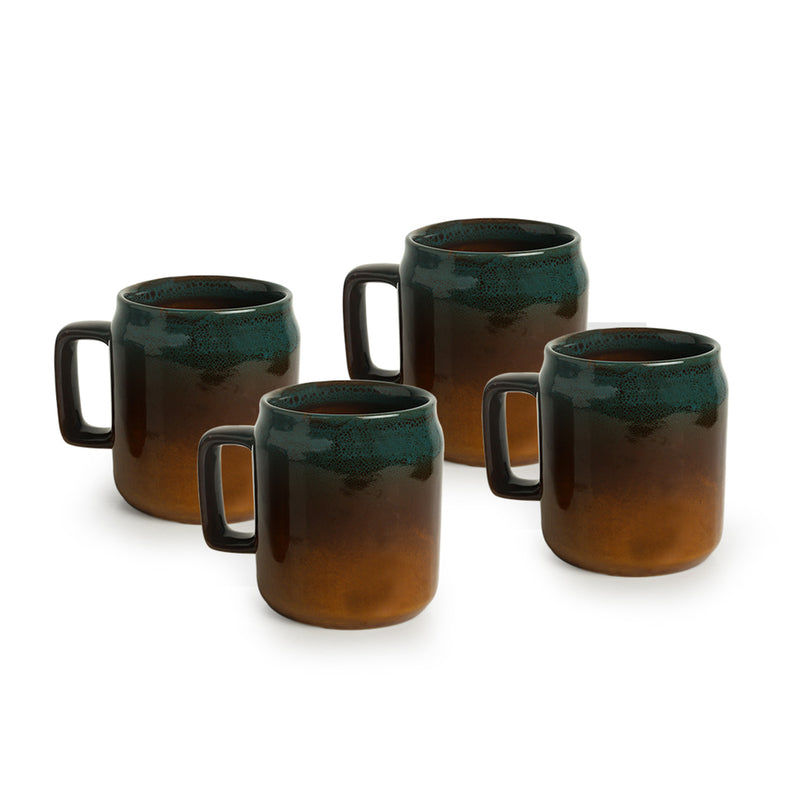 Brown Teal Green Printed Ceramic Studio Pottery Coffee And Tea Mugs (Set Of 4)