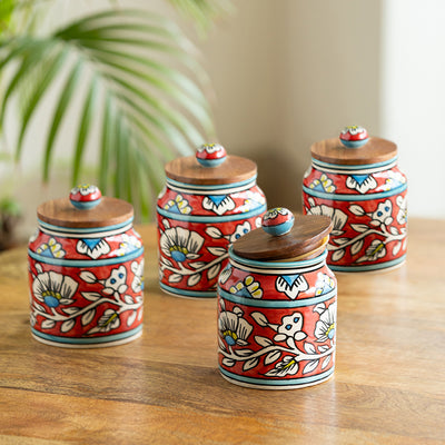 Hand-Painted Floral Ceramic Storage Jars And Containers (Set of 4, Airtight, 410 ML)