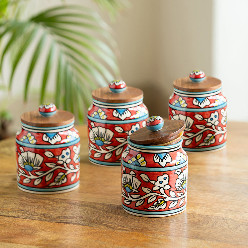 Hand-Painted Floral Ceramic Storage Jars And Containers (Set of 4, Airtight, 410 ML)