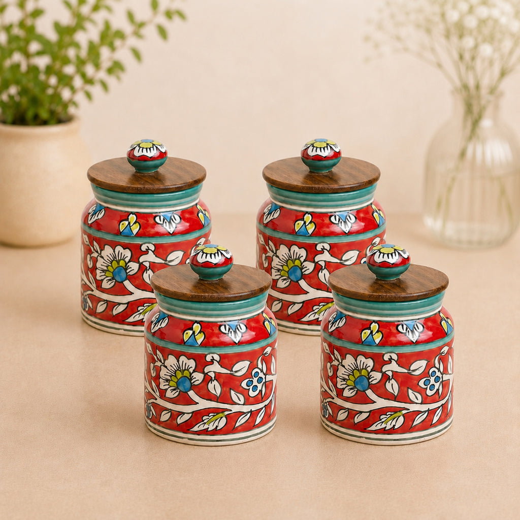 Hand-Painted Floral Ceramic Storage Jars And Containers (Set of 4, Airtight, 410 ML)