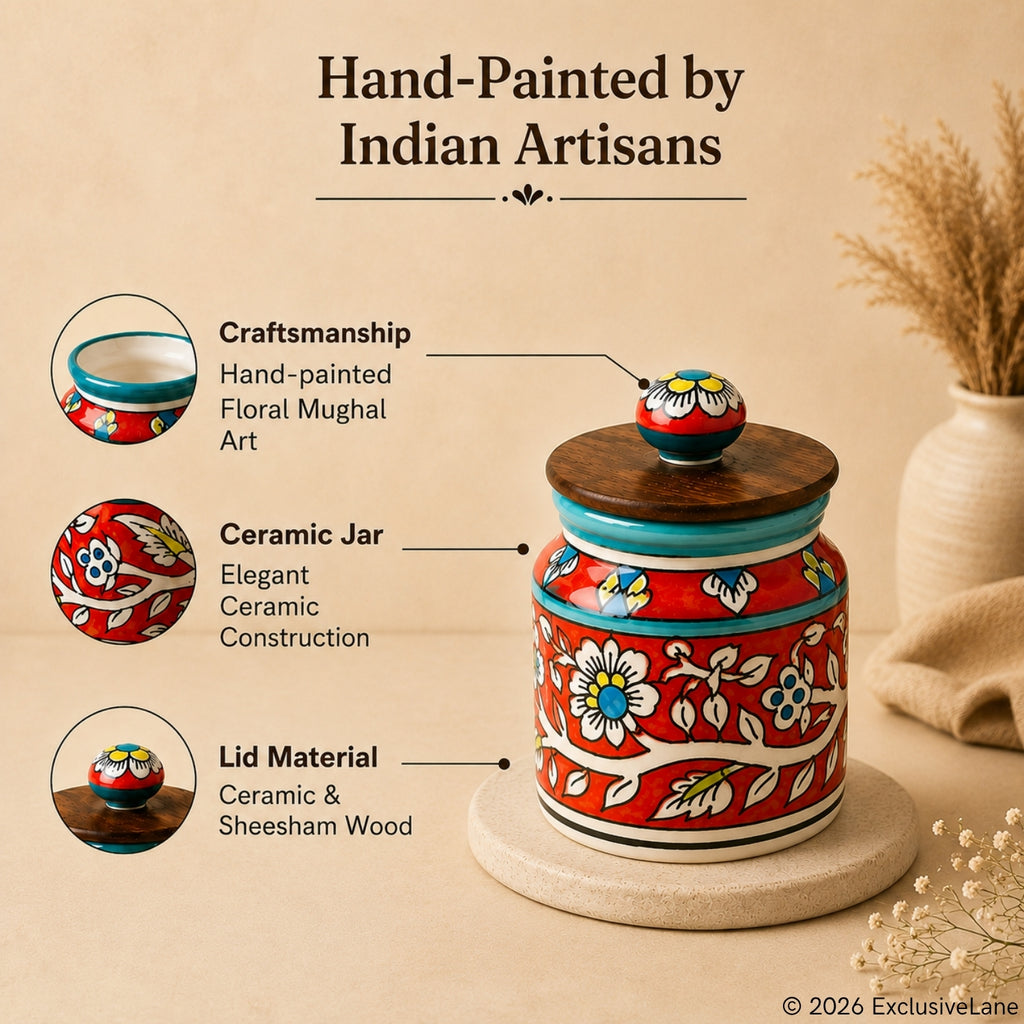 Hand-Painted Floral Ceramic Storage Jars And Containers (Set of 4, Airtight, 410 ML)