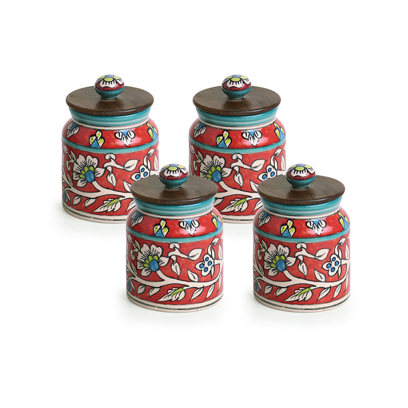 Hand-Painted Floral Ceramic Storage Jars And Containers (Set of 4, Airtight, 410 ML)