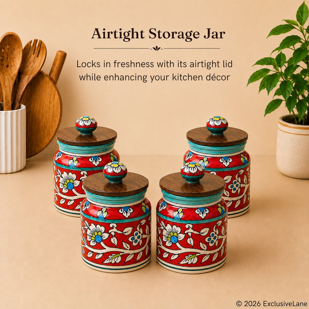 Hand-Painted Floral Ceramic Storage Jars And Containers (Set of 4, Airtight, 410 ML)